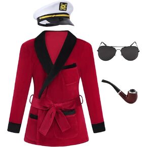 Halloween Celebrity Costume Adult Red Robe Men Costume Women Couples Red Silky Velvet Robe with Captain Hat Glasses