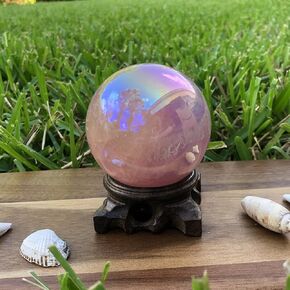 Angel Aura Rose Quartz Sphere. Large Healing Metaphysical Crystal with handmade wooden Base. Home Decor Crystals Meditation Reiki, Wicca