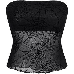 SHENHE Women's Sexy Sheer Mesh Tube Top Strapless Spiderweb Print Y2k Bandeau Crop Tops