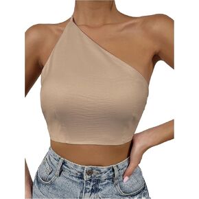 Women's Casual One Shoulder Tie Backless Asymmetrical Neck Sleeveless Slim Fit Casual Party Crop Tee Tops