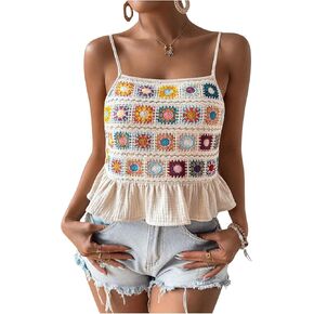 SHENHE Women's Floral Crochet Ruffled Sleeveless Cami Tank Top Boho Summer Peplum Top