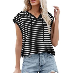 SHEWIN Womens Summer Striped Hooded Cap Sleeve Tops Lightweight Drawstring Hoodies V Neck Casual Blouses Shirts