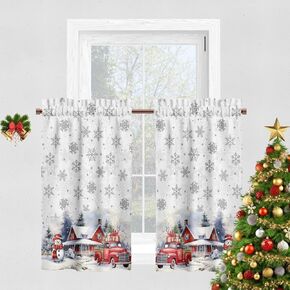 YOSTEV Christmas Kitchen Curtain, Red Truck Snowman Snowflakes Farmhouse Christmas Velvet Curtain for Kitchen Window, Winter Window Treatment Rod Pocket Room Darkening Curtains, 26x30 Inch 2 Panels