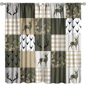 Camouflage Deer Curtains, Vintage Camo Green Beige Plaid Rustic Cabin Wildlife Hunting Window Treatments for Farmhouse Kitchen Living Room Bedroom 42x45in （No Blackout）