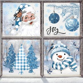 Whaline 9 Sheets Vintage Christmas Window Cling Stickers Retro Blue Xmas Tree Santa Snowman Reusable Window Decals for Winter Party Home Office Classroom Decoration