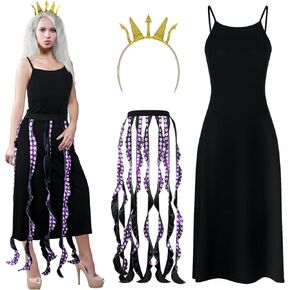 3 Pcs Women Octopus Costume Black Purple Octopus Dress Long Tentacles Gold Crown Sea Witch Halloween Costume for Adult Cosplay