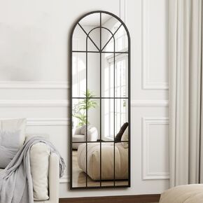 TinyTimes 22"x 65" Arched Full Length Window Wall Mirror,Winndow Pane Mirror, Metal Framed, Arched-Top, Farmhouse Mirror, Rustic Decorative Mirror, Windowpane Mirror - Black
