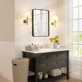 Black Metal Framed Bathroom Mirror for Wall, 20X28 Inch Rounded Rectangle Mirror, Matte Black Bathroom Vanity Mirror, Environmentally Friendly Resin Mirror, Anti-Rust, Hangs Horizontally or Vertically