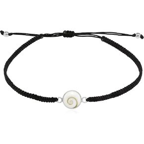 AeraVida Spiritual Eye of Shiva Shell Sterling Silver on Black Cotton Rope Adjustable Wrist Pull Bracelet