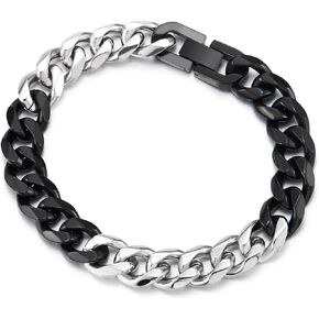 COOLSTEELANDBEYOND Mens Stainless Steel Silver Black Two-tone Curb Chain, Bold Cuban Link Bangle Bracelet, Polished