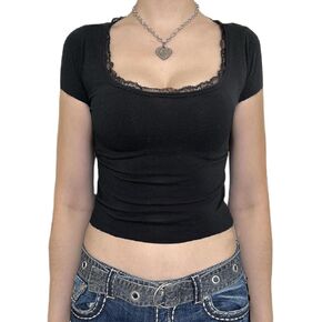Women Y2k Crop Top Short Sleeve Summer Casual Vintage Cropped Tee Slim Fit Scoop Neck E-Girls T-Shirt Streetwear