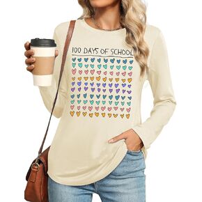 100 Days of School Shirt for Women Teacher Graphic Long Sleeve T-Shirts School Days Tee Tops