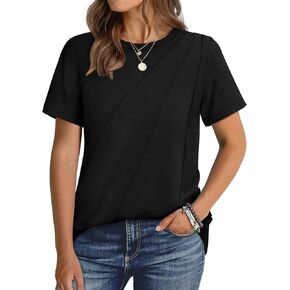 OFEEFAN Shirts for Women Short Sleeve Tops Pleated Crew Neck Casual Summer Fashion Tops Loose Fit