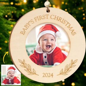 2024 Baby’s First Christmas Wooden Picture Frame Ornament, Newborn Milestone Keepsake Photo, Holiday Christmas Gift For New and Expecting Parents, Baby Christmas Decoration Gifts for Xmas Tree, Thanksgiving Gifts (Round)