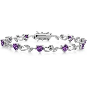 Gem Stone King 925 Sterling Silver Heart Shape Purple Amethyst and White Lab Grown Diamond Greek Vine Flower Tennis Bracelet For Women (4.24 Cttw, 7.5 Inch)