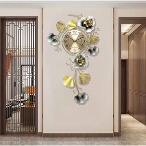Wall Clocks for Living Room Decor, Large Wall Clock, Silent Relojes de Pared with 360°Rotatable Dial, 3D Metal Ginkgo Leaf Wall Quartz Clock for Kitchen(Arab-blue & gold, 83x48CM/32.7X18.9IN)