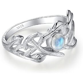 Genuine Moonstone Ring Sterling Silver Leaf Moonstone Ring Statement Band Finger Minimalist Ring for Women with Gift Box