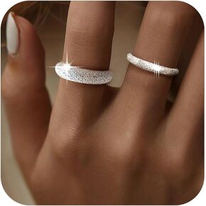 Stackable 925 Sterling Silver Chunky Ring for Women Dainty Sparkling Bling Finger Statement Ring Minimalist Stardust Bands Ring Cute Dome Open Ring Jewelry Birthday Gifts for Wife