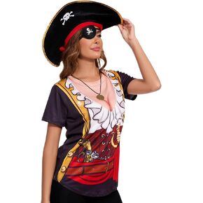 Ibeauti Pirate Costume Women Funny Pirate Shirt Skull Hat Eye Patch Coin Necklace Halloween Pirate Accessories