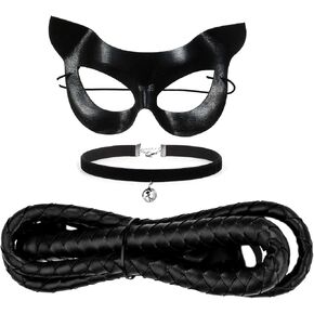 DDazzling Cat Woman Costume Accessories Set, Black Mask, Choker, Whip