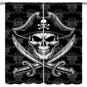 Pirate Captain Curtains,Cartoon Black Minimalist Nautical Sword Skeleton Pirate Captain Decor Window Treatments, Thermally Insulated Rod Pocket Drapes for Kids Boys Living Room Bedroom 42x45in