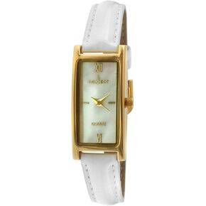 Peugeot Women's Slim 14K Gold Plated White Mother of Pearl Face Roman Numeral White Leather Thin Strap Dress Watch 3017WT