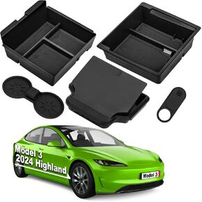 صينية تنظيم وحدة التحكم المركزية المكونة من 5 قطع متوافقة مع ملحقات Tesla Model 3 Highland 2024، 2025، صينية وحدة التحكم المركزية، صينية صندوق تخزين مسند الذراع، صندوق تخزين مخفي لمسند الذراع (5 قطع سوداء)