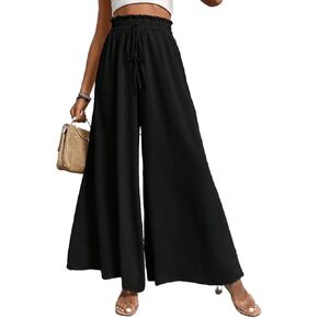 MakeMeChic Women's Elastic Wide Leg Trousers Tie Front High Waist Frill Trim Loose Long Palazzo Pants
