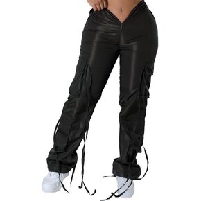 xxxiticat Women's Zipper Front Cargo Pants Mid Rise Drawstring Lace Up Bandage Criss Cross Cutout Low V-Style Trousers