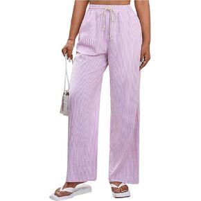 SOLY HUX Women's Striped Pants Drawstring High Waisted Wide Leg Long Pants with Pockets
