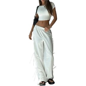 MakeMeChic Women's Elastic Waist Straight Leg Pants Bow Knot Loose Fit Trousers Bottoms