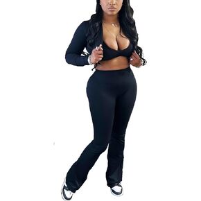 Mintsnow Women 3 Piece Sweatsuit Outfits Sets Long Sleeve Zipper Jacket Crop Tops and Long Flare Pants Set Workout Tracksuit
