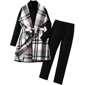 Girl's 3 Piece Outfits Plaid Flannel Waterfall Collar Belted Vest Coat Long Sleeve Mock Neck Tee Top and Leggings Set