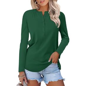 Women's Long Sleeve Henley Shirts Pleated V Neck T Shirts Button Down Tunic Tops