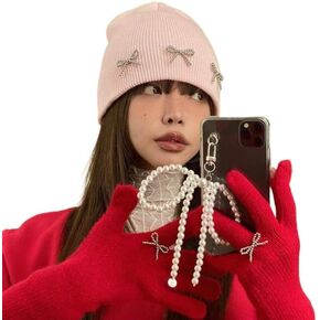 Women Cute Bow-Tie Beanie Hats Y2k Aesthetic Accessories Alt Emo Soft Warm Skull Cap Trendy Knit Winter Hat