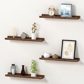 Floating Shelves for Wall, Wood Wall Shelves with Lip for Bedroom, Living Room, Kitchen, Office, 16 Inch Wall Mounted Storage Shelves for Room Decor Organizers Set of 4 (Walnut, 4Pack 16inch)