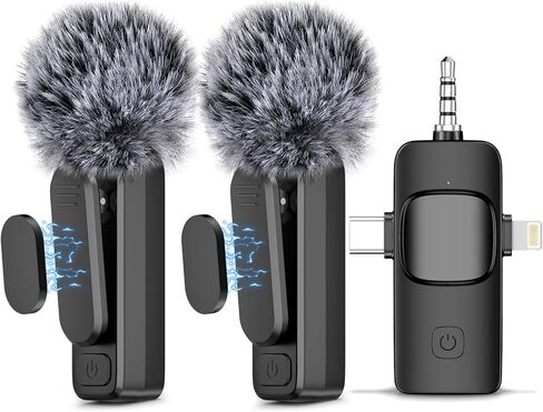 ميكروفون Lavalier لاسلكي لهاتف iPhone 15، وهواتف Android، والكمبيوتر المحمول، والكمبيوتر الشخصي، وميكروفون صغير احترافي مع تقليل الضوضاء، وميكروفون على شكل طية صدر السترة لمدونة الفيديو، والمقابلات، والبث المباشر، وTikTok، وYouTube، وعبوتين in Kuwait