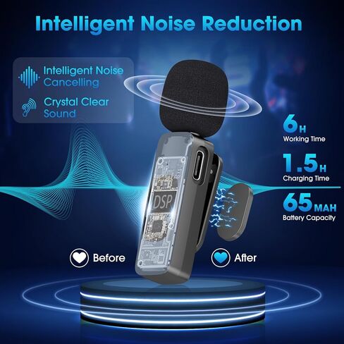 ميكروفون Lavalier لاسلكي لهاتف iPhone 15، وهواتف Android، والكمبيوتر المحمول، والكمبيوتر الشخصي، وميكروفون صغير احترافي مع تقليل الضوضاء، وميكروفون على شكل طية صدر السترة لمدونة الفيديو، والمقابلات، والبث المباشر، وTikTok، وYouTube، وعبوتين in Kuwait