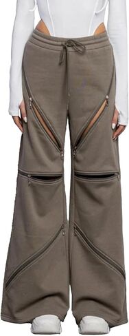 Unybwonn Women High Waist Wide Leg Y2k Sweatpants Baggy Patchwork Multi Zipper Ripped Cutout Joggers Pants Streetwear in Kuwait