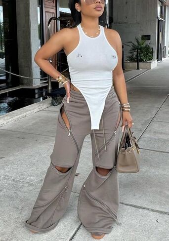 Unybwonn Women High Waist Wide Leg Y2k Sweatpants Baggy Patchwork Multi Zipper Ripped Cutout Joggers Pants Streetwear in Kuwait