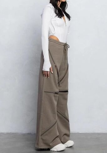 Unybwonn Women High Waist Wide Leg Y2k Sweatpants Baggy Patchwork Multi Zipper Ripped Cutout Joggers Pants Streetwear in Kuwait