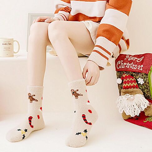 1 Box of 6 Pairs Cozy Fuzzy Christmas Socks For Woman & Men Winter Warm Slipper Socks Christmas Adult Holiday Socks in Saudi Arabia