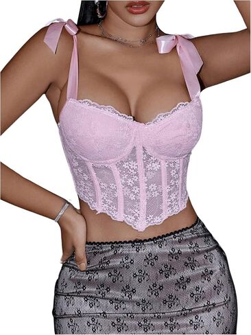 SHENHE Women's Tie Back Floral Lace Bustier Corset Top Tie Shoulder Sexy Crop Top Camisole in Saudi Arabia
