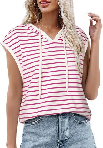 SHEWIN Womens Summer Striped Hooded Cap Sleeve Tops Lightweight Drawstring Hoodies V Neck Casual Blouses Shirts in Saudi Arabia