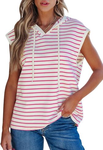 SHEWIN Womens Summer Striped Hooded Cap Sleeve Tops Lightweight Drawstring Hoodies V Neck Casual Blouses Shirts in Saudi Arabia