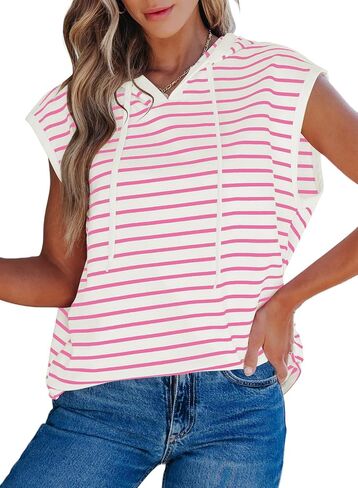 SHEWIN Womens Summer Striped Hooded Cap Sleeve Tops Lightweight Drawstring Hoodies V Neck Casual Blouses Shirts in Saudi Arabia