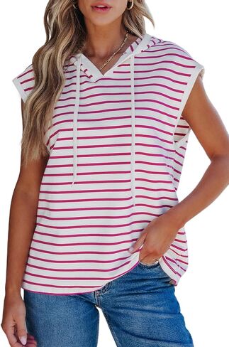 SHEWIN Womens Summer Striped Hooded Cap Sleeve Tops Lightweight Drawstring Hoodies V Neck Casual Blouses Shirts in Saudi Arabia