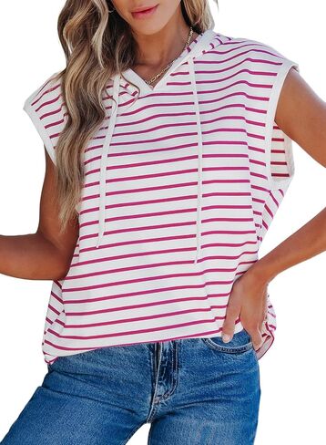 SHEWIN Womens Summer Striped Hooded Cap Sleeve Tops Lightweight Drawstring Hoodies V Neck Casual Blouses Shirts in Saudi Arabia