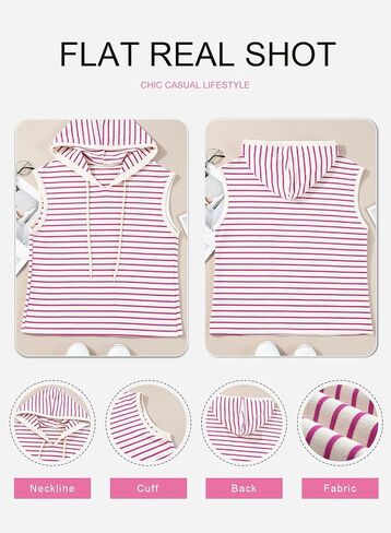 SHEWIN Womens Summer Striped Hooded Cap Sleeve Tops Lightweight Drawstring Hoodies V Neck Casual Blouses Shirts in Saudi Arabia