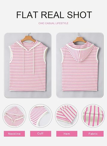SHEWIN Womens Summer Striped Hooded Cap Sleeve Tops Lightweight Drawstring Hoodies V Neck Casual Blouses Shirts in Saudi Arabia
